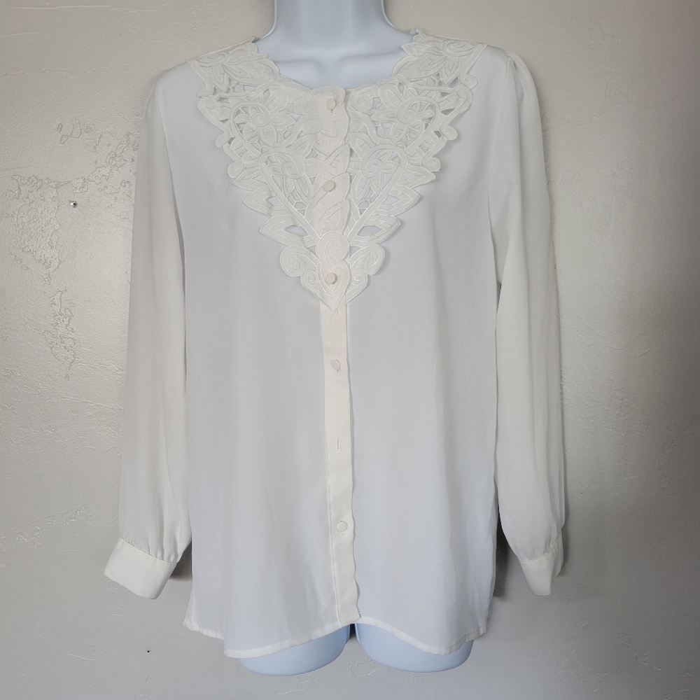 Kathy Che Vintage White Blouse Long Sleeve Button Up Dainty Overlay Size 8